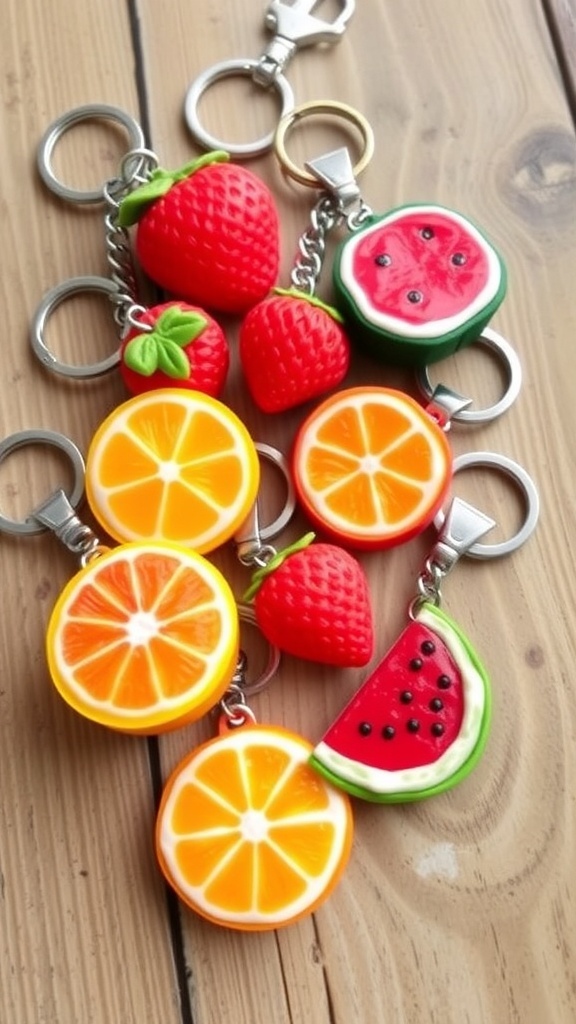 Colorful juicy fruit keychains made from felt or clay, including strawberries, oranges, and watermelons, on a wooden table.